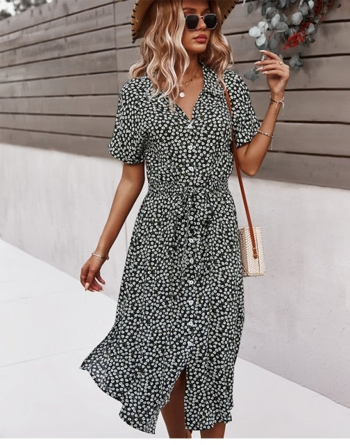 Yara | Floral Button-Front Midi Dress with V-Neck for Women