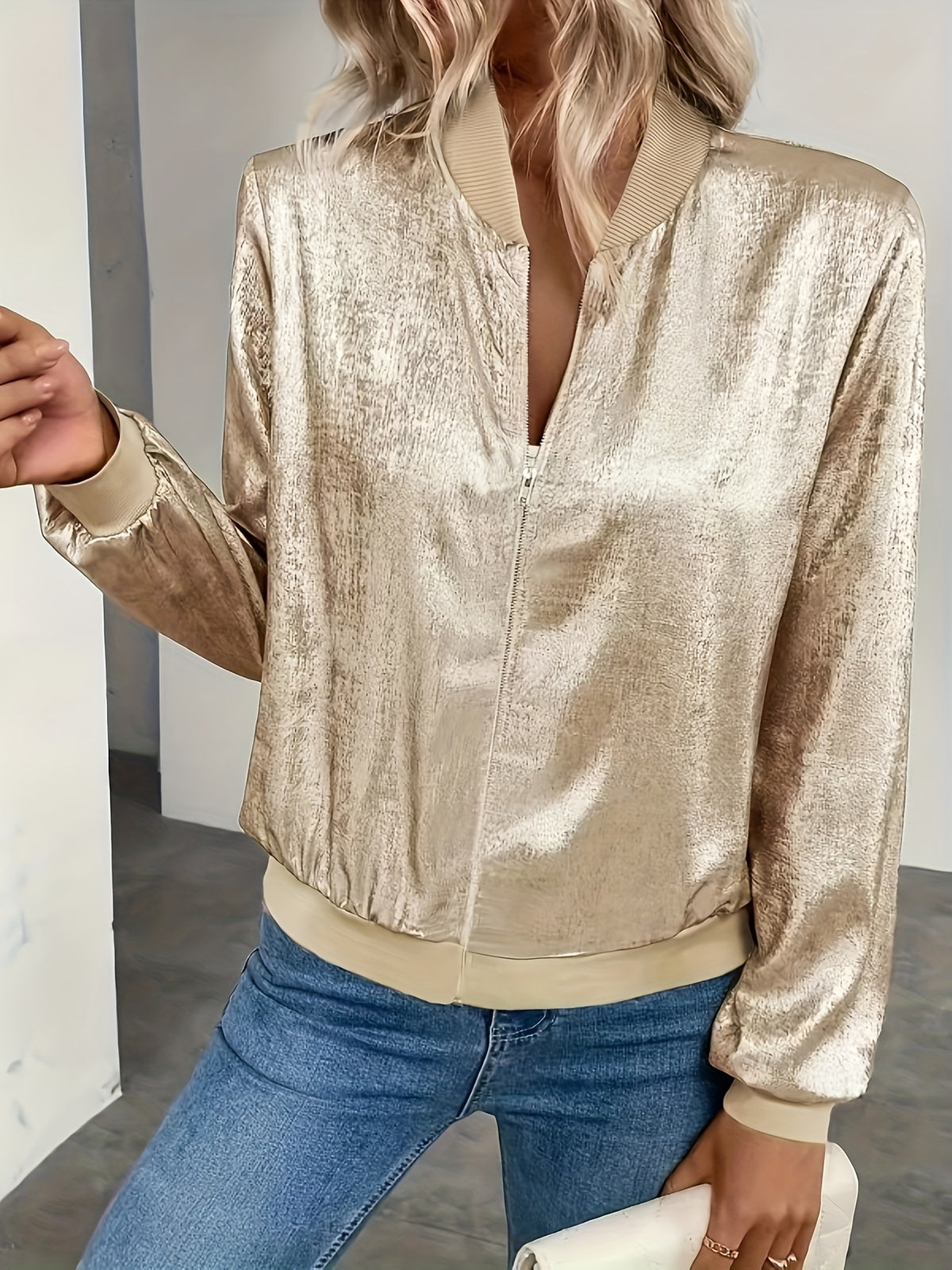 Christel | Metallic Textured Bomber Jacket for Women