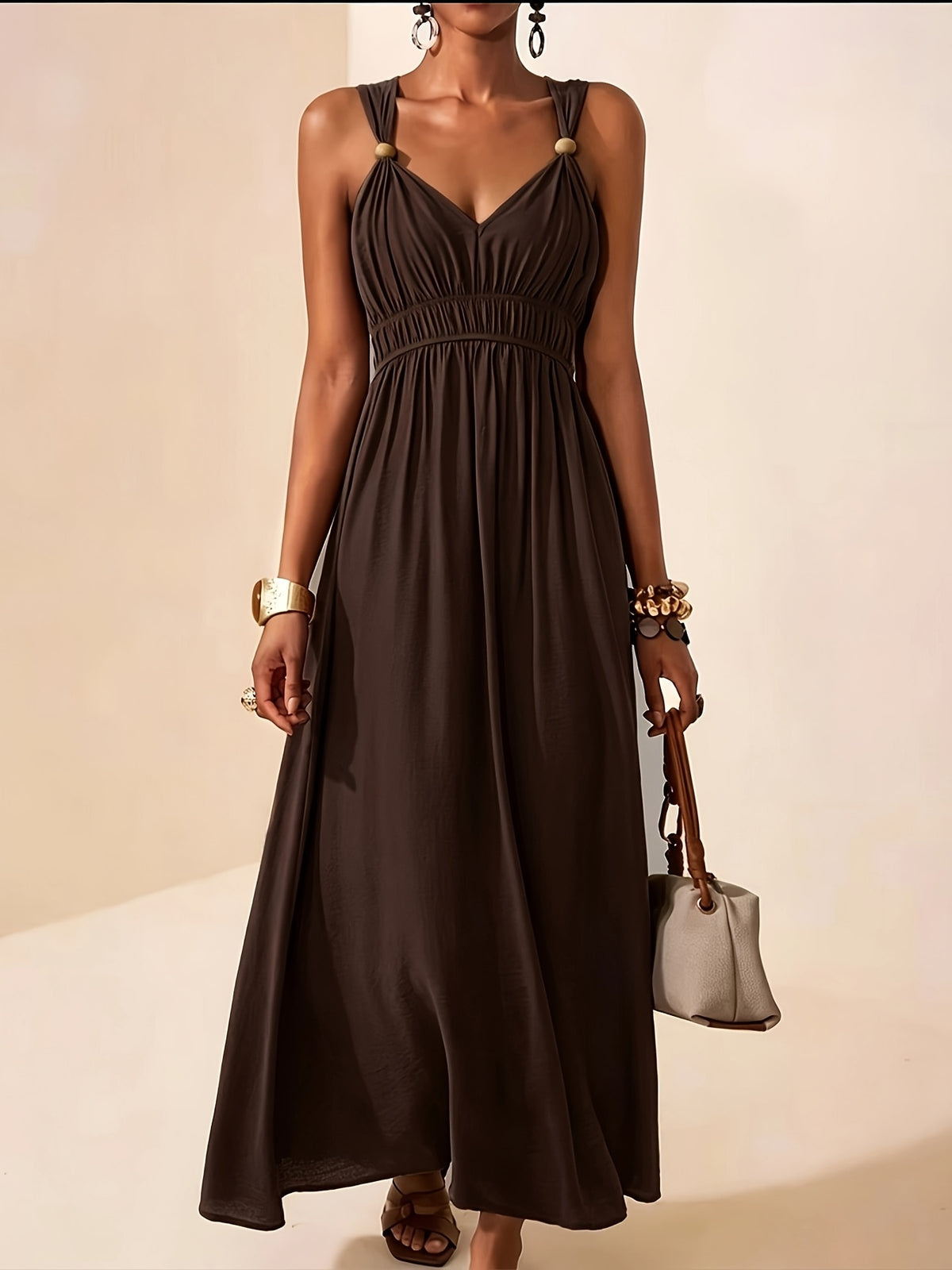 Thalia | Ruched V-Neck Maxi Dress with Bead Straps for Women