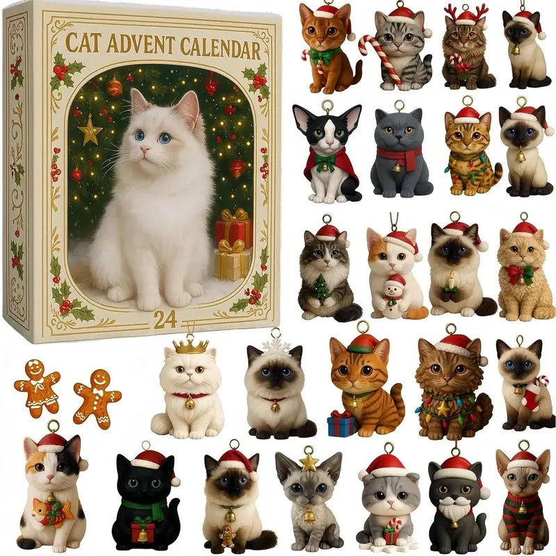 HANGING CAT ADVENT CALENDAR – 24 CLEAR ACRYLIC CAT ORNAMENTS