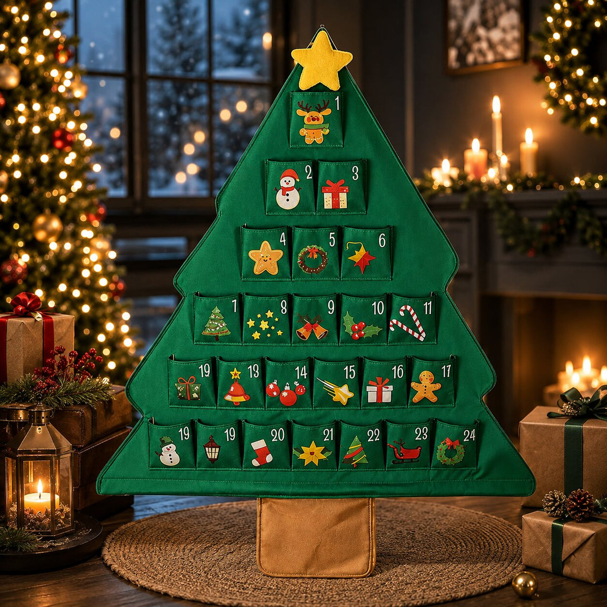 HANGING FABRIC TREE ADVENT CALENDAR – 24 FILLABLE POCKETS