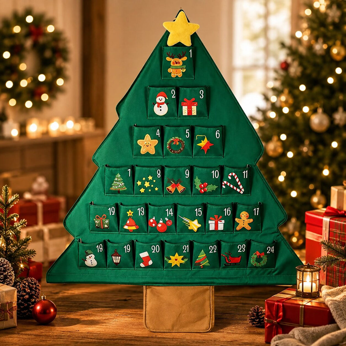 HANGING FABRIC TREE ADVENT CALENDAR – 24 FILLABLE POCKETS