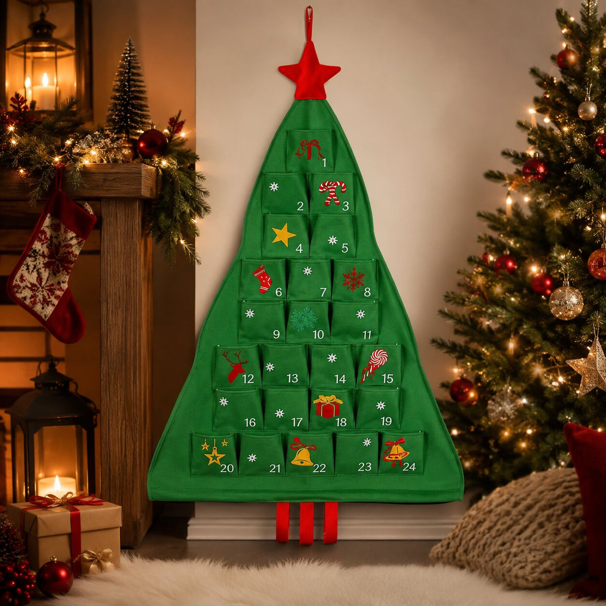 HANGING FABRIC TREE ADVENT CALENDAR – 24 FILLABLE POCKETS