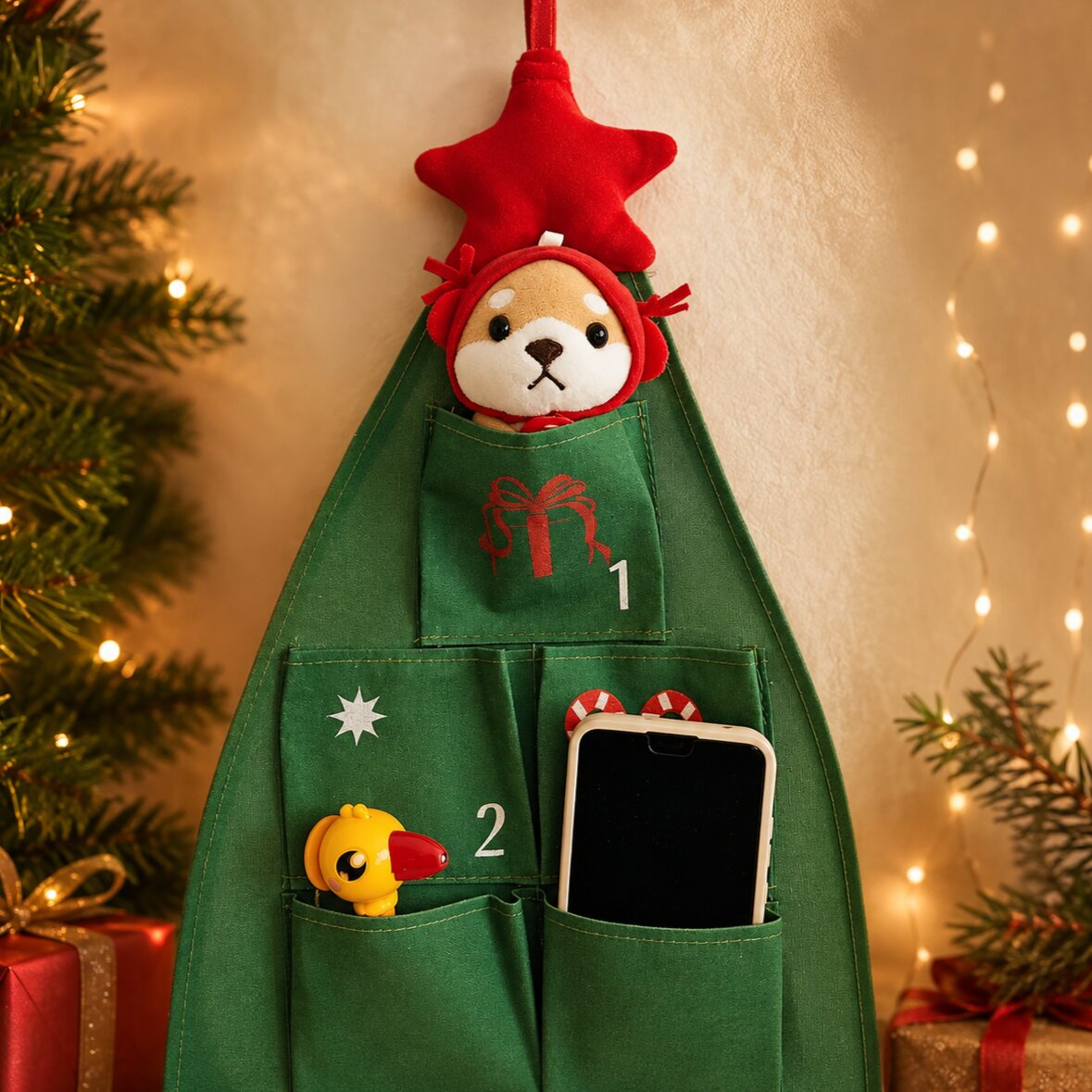 HANGING FABRIC TREE ADVENT CALENDAR – 24 FILLABLE POCKETS