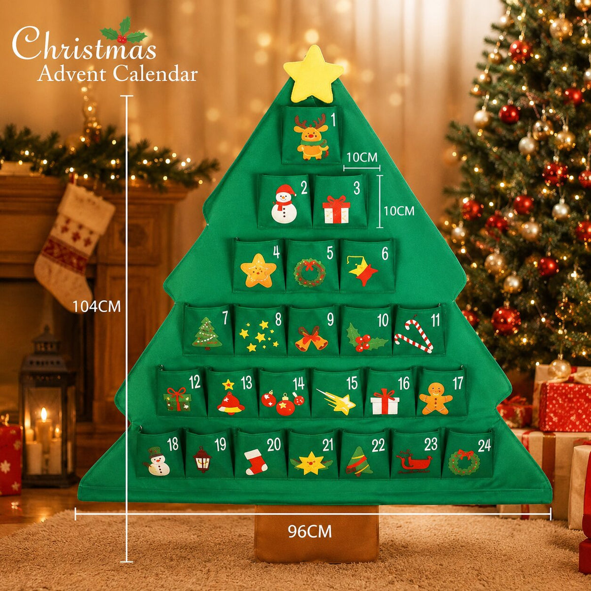HANGING FABRIC TREE ADVENT CALENDAR – 24 FILLABLE POCKETS