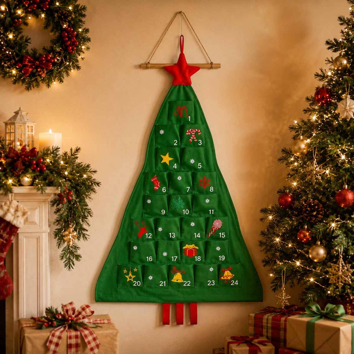 HANGING FABRIC TREE ADVENT CALENDAR – 24 FILLABLE POCKETS