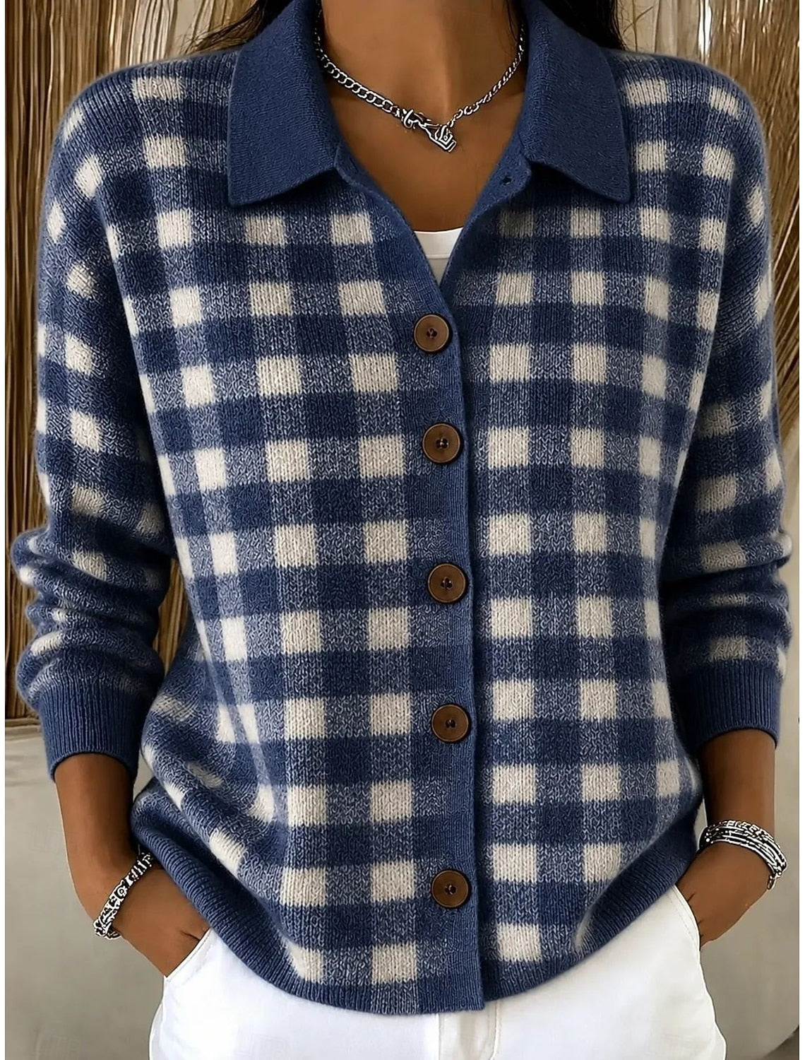 Dilara | Plaid Button-Front Ribbed Cardigan for Women