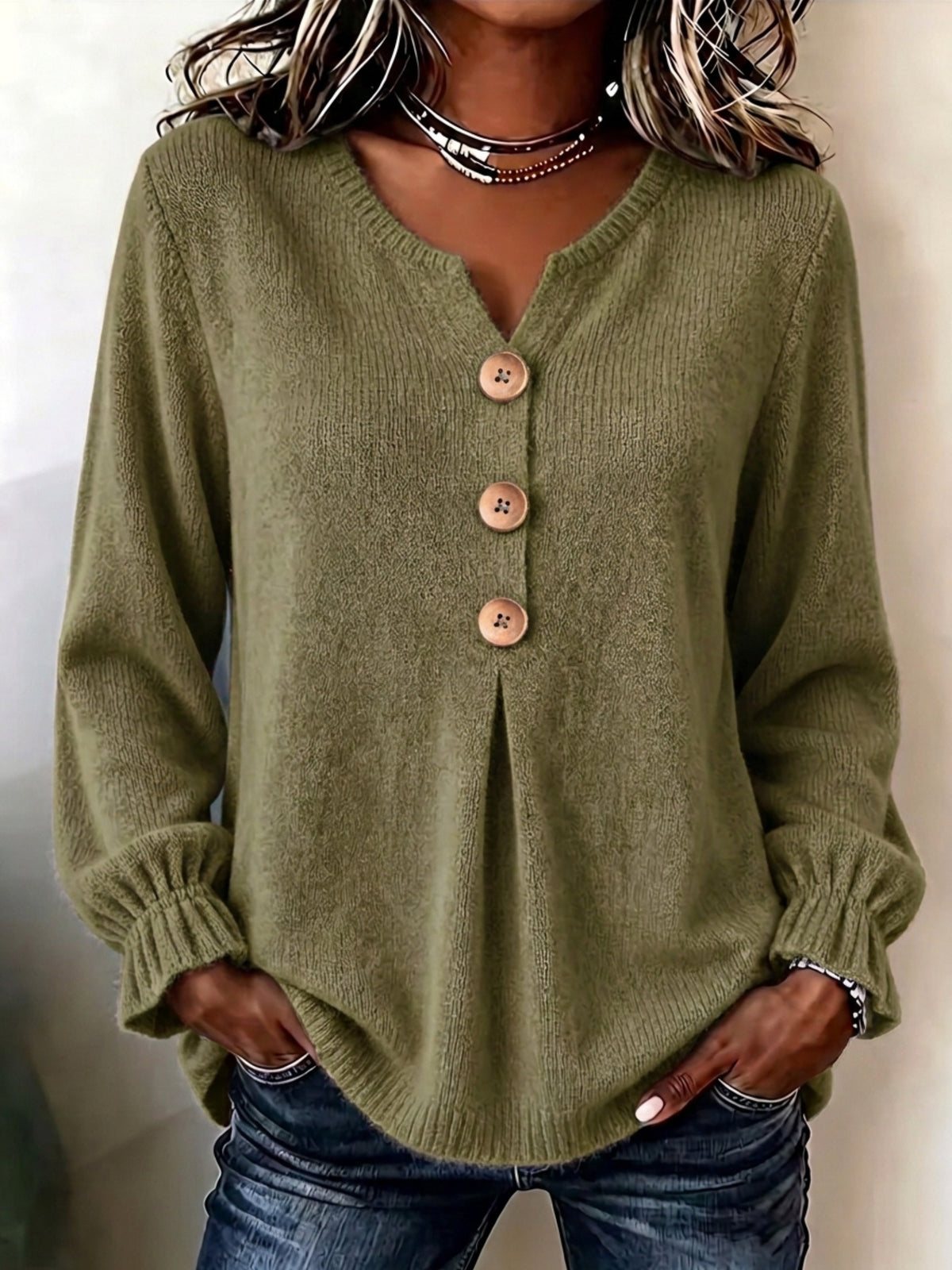 Constance | Ribbed Henley Sweater with Wooden Buttons for Women