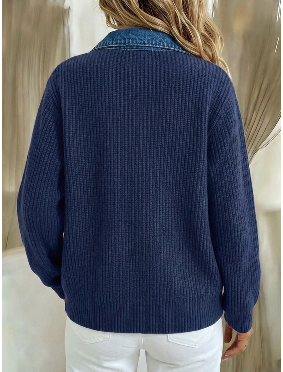 Denise | Ribbed Knit Contrast Collar Cardigan for Women