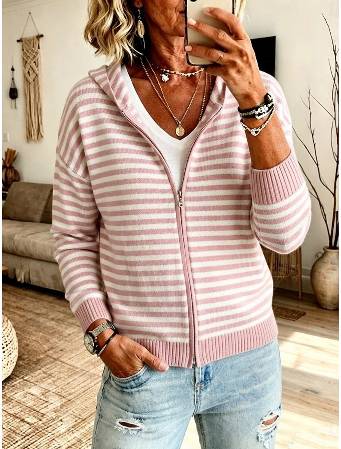 Flora | Striped Ribbed Hooded Zip Cardigan for Women