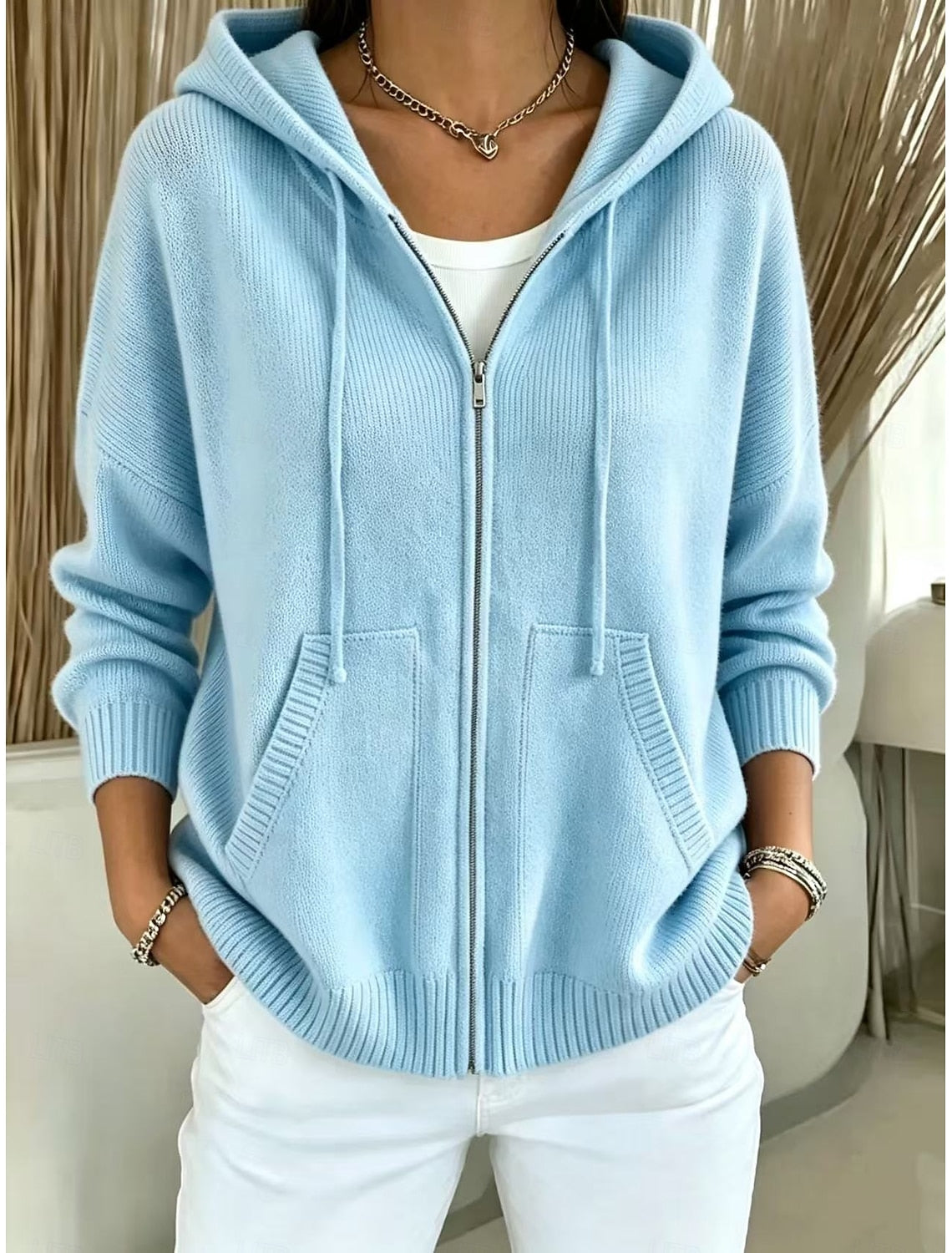 Elise | Ribbed Knit Zip-Front Hooded Cardigan for Women
