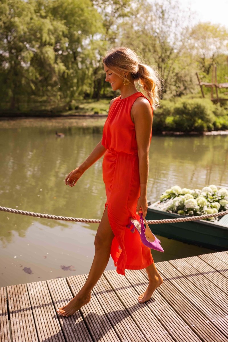 Nina | Sleeveless Round Neck Midi Dress with Front Split