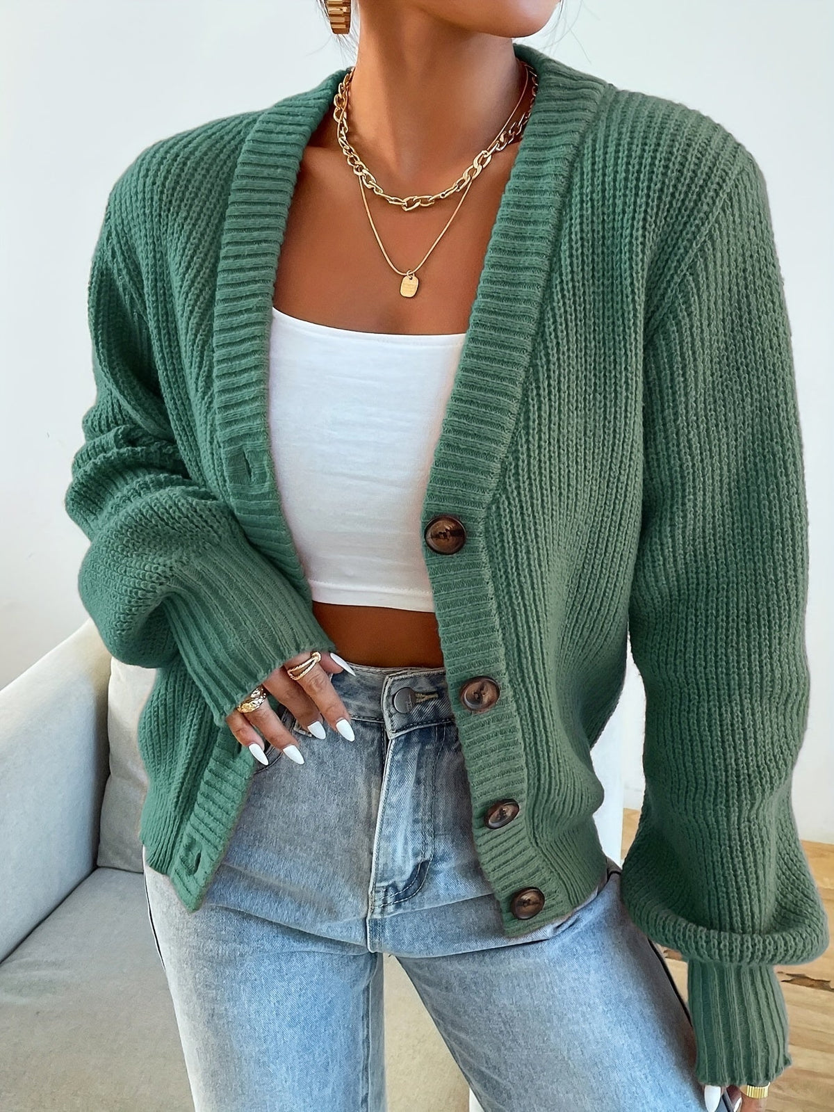 Jade | Button-Front V-Neck Knit Cardigan for Women
