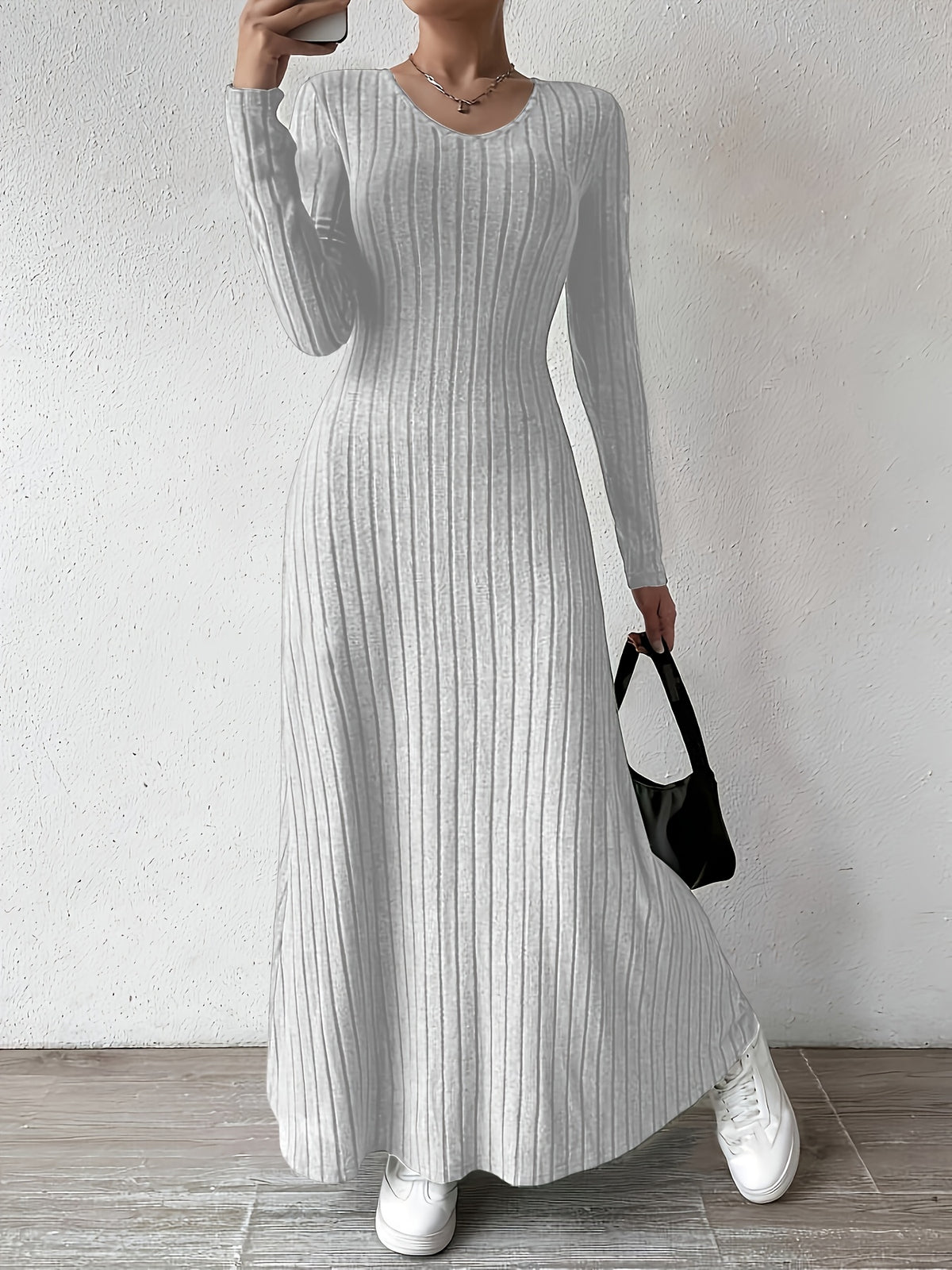 Iselin | Ribbed V-Neck A-Line Maxi Cocktail Dress for Women