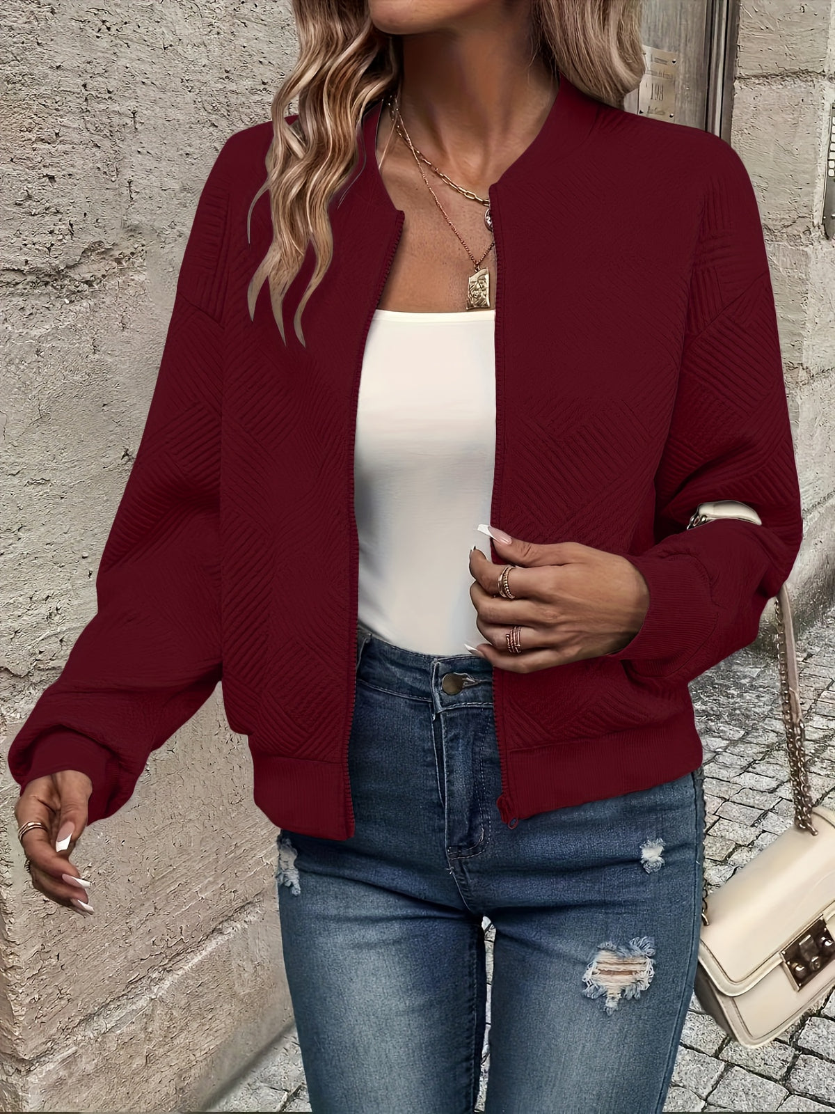 Leonie | Textured Ribbed Zip-Front Bomber Jacket for Women
