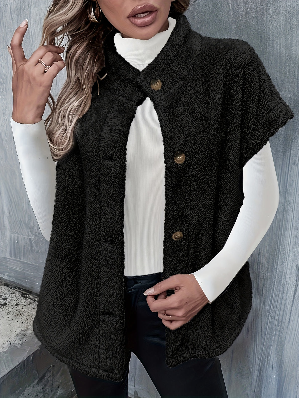 Valentine Teddy Button-Front Vest with Half-High Collar for Women