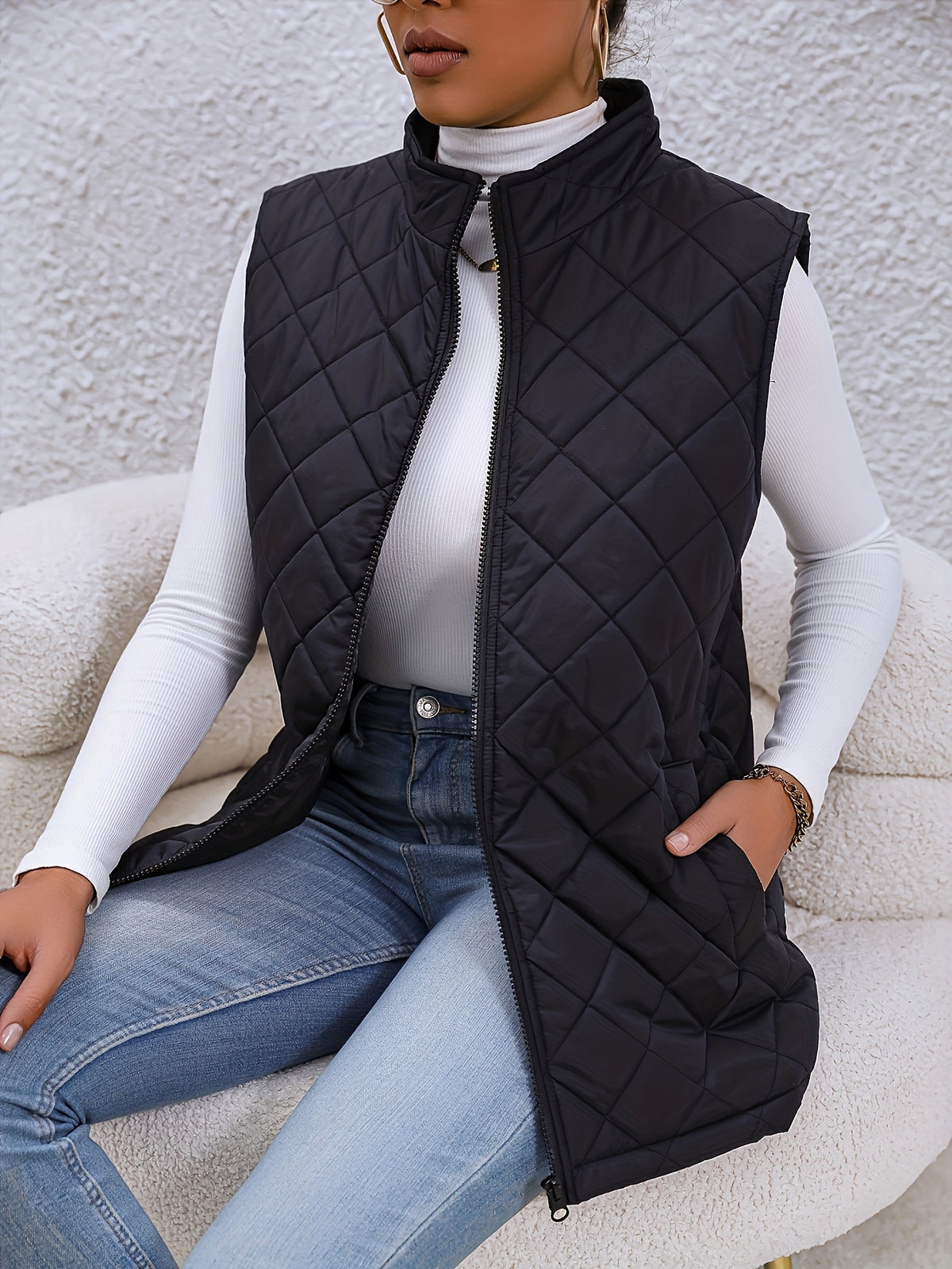 Sigrid Quilted Zip-Up Vest with Stand Collar for Women