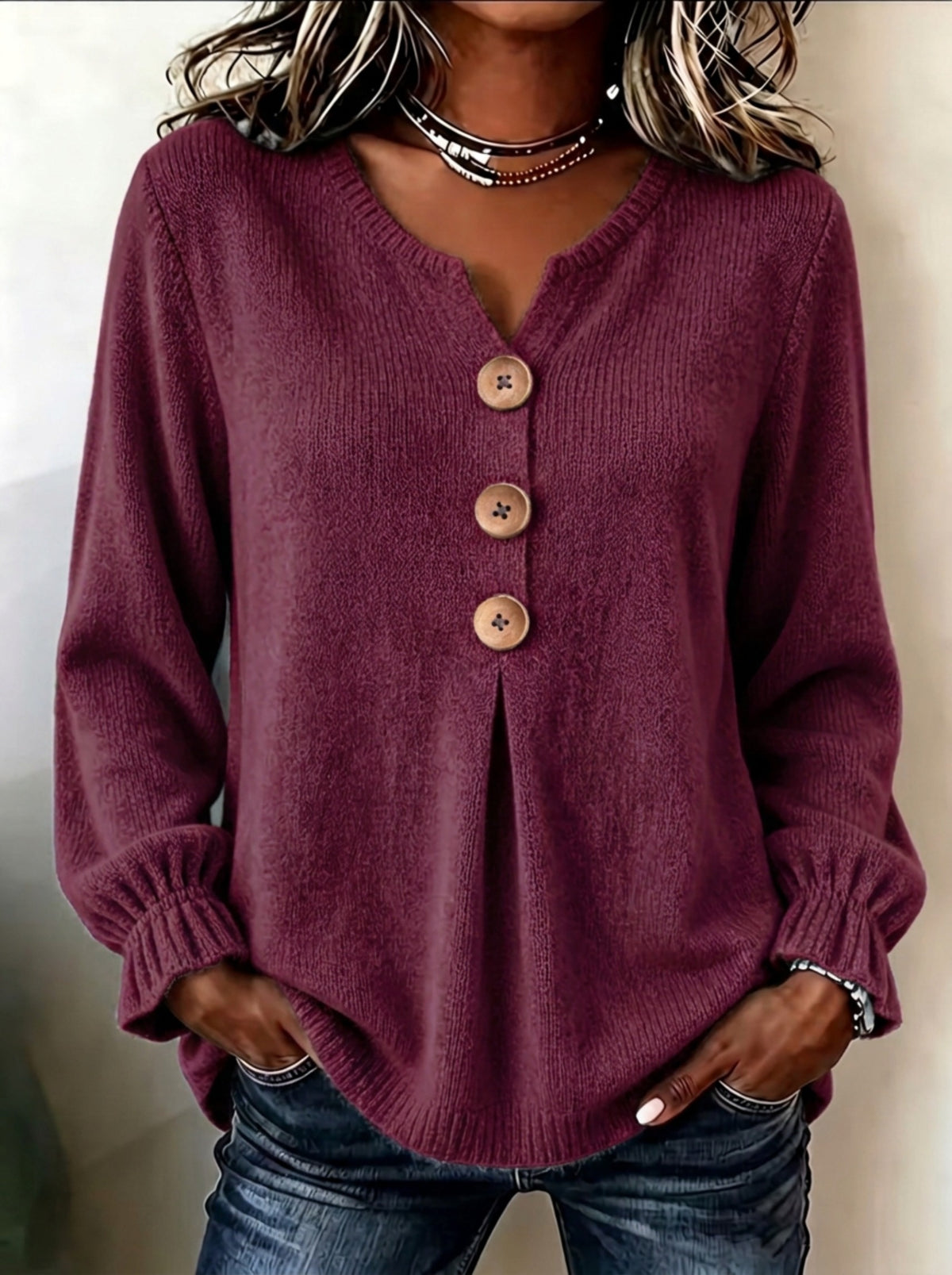 Constance | Ribbed Henley Sweater with Wooden Buttons for Women