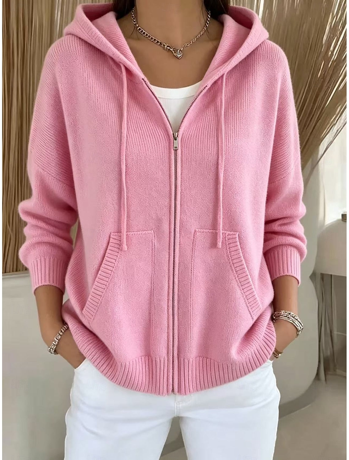 Elise | Ribbed Knit Zip-Front Hooded Cardigan for Women
