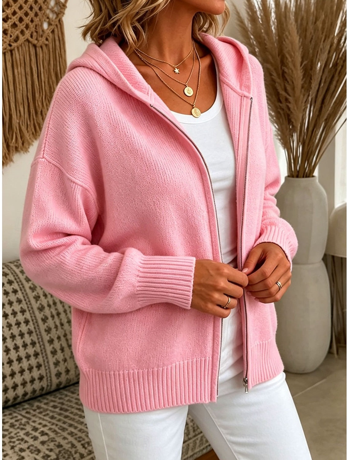 Elin | Ribbed Knit Zip-Up Hooded Cardigan for Women