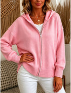 Elin | Ribbed Knit Zip-Up Hooded Cardigan for Women