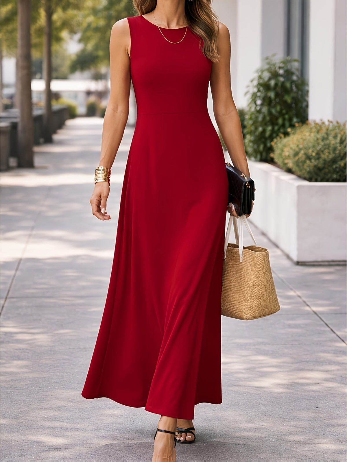 Talissar | Sleeveless A-Line Maxi Dress with Boat Neck for Women