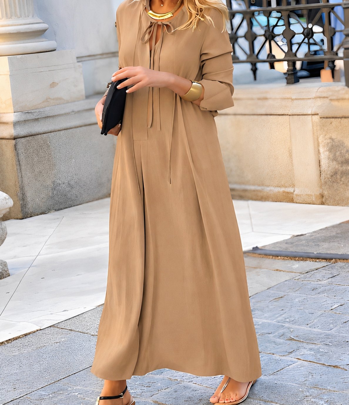 Yvette | Tie-Neck Long Sleeve Maxi Dress for Women