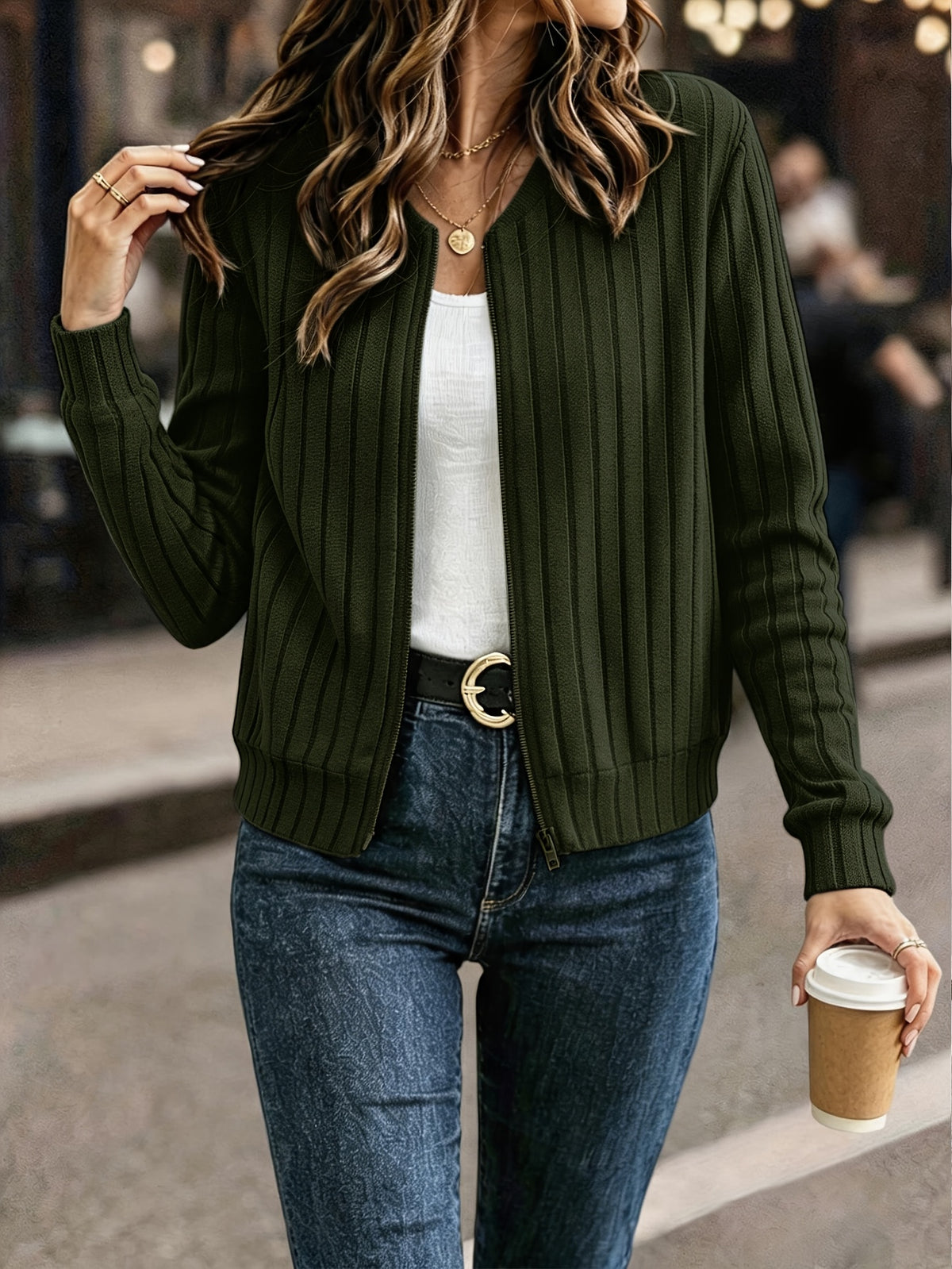 Jasmine | Ribbed Zip-Front Bomber Cardigan for Women