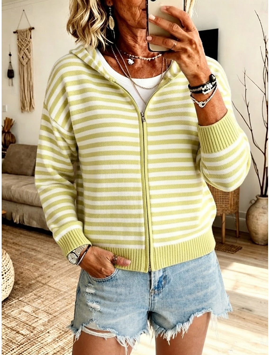 Flora | Striped Ribbed Hooded Zip Cardigan for Women