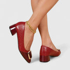 Olive | Croc-Embossed Block Heel Loafers with Gold Buckle