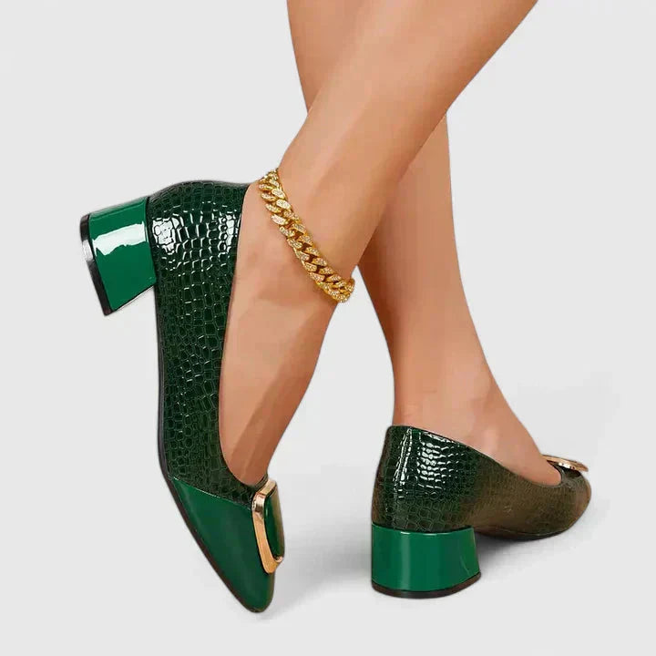 Olive | Croc-Embossed Block Heel Loafers with Gold Buckle