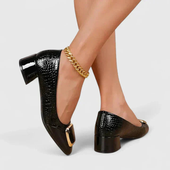 Olive | Croc-Embossed Block Heel Loafers with Gold Buckle
