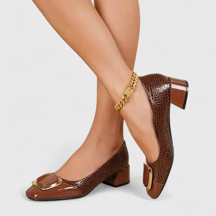 Olive | Croc-Embossed Block Heel Loafers with Gold Buckle