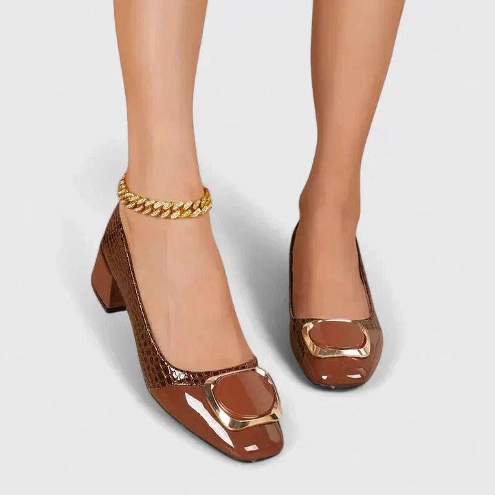 Olive | Croc-Embossed Block Heel Loafers with Gold Buckle