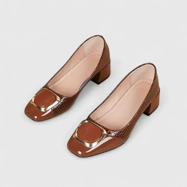Olive | Croc-Embossed Block Heel Loafers with Gold Buckle