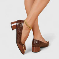 Olive | Croc-Embossed Block Heel Loafers with Gold Buckle
