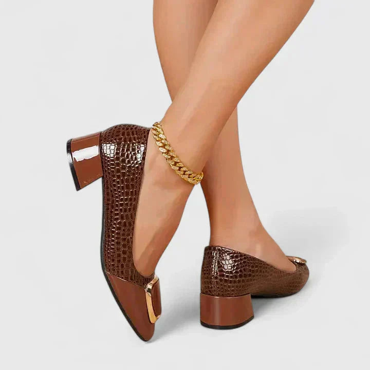 Olive | Croc-Embossed Block Heel Loafers with Gold Buckle