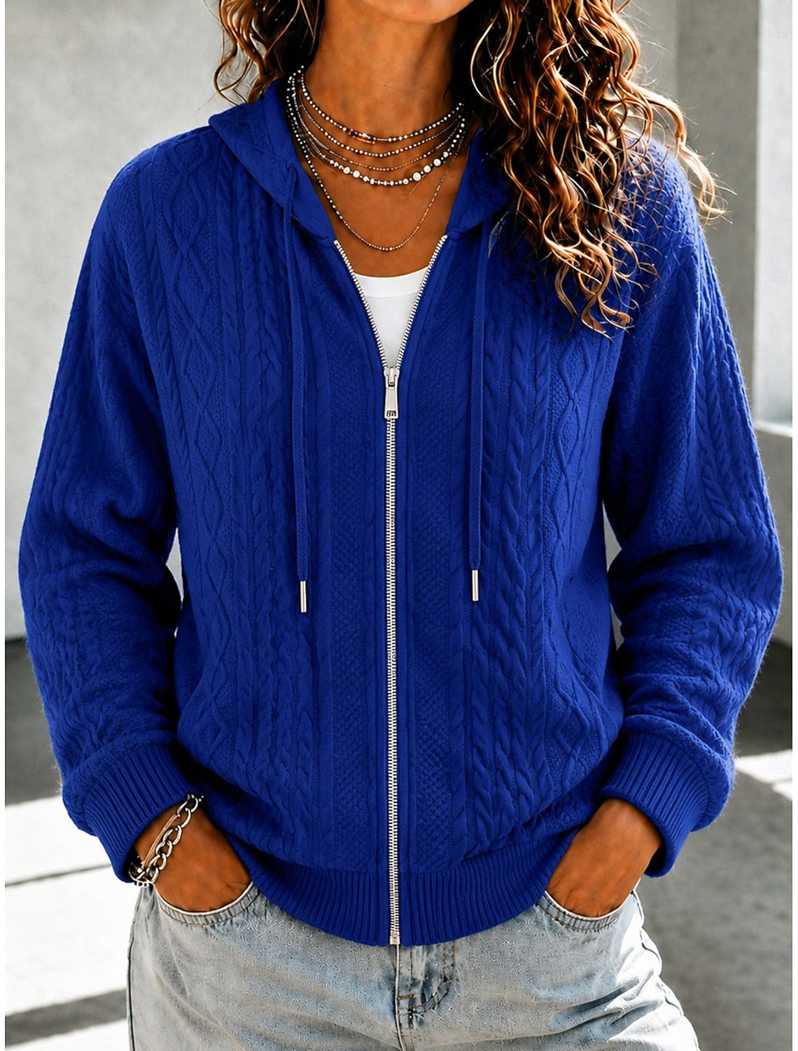 Dorte | Cable Knit Ribbed Zip-Up Hooded Cardigan for Women