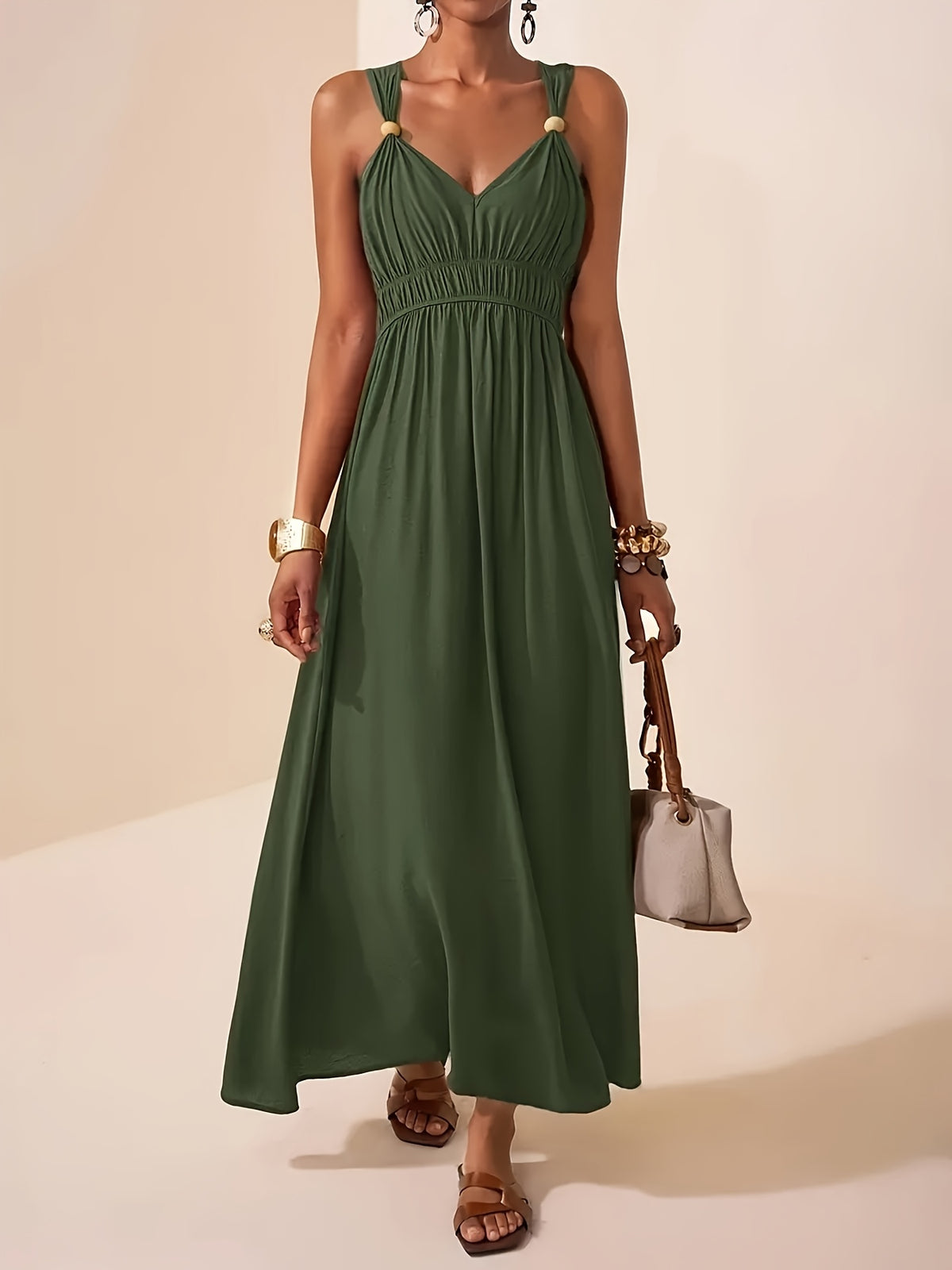 Thalia | Ruched V-Neck Maxi Dress with Bead Straps for Women