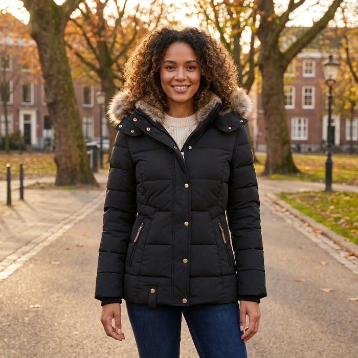 Laura | Fitted Quilted Puffer Jacket with Fur Hood for Women