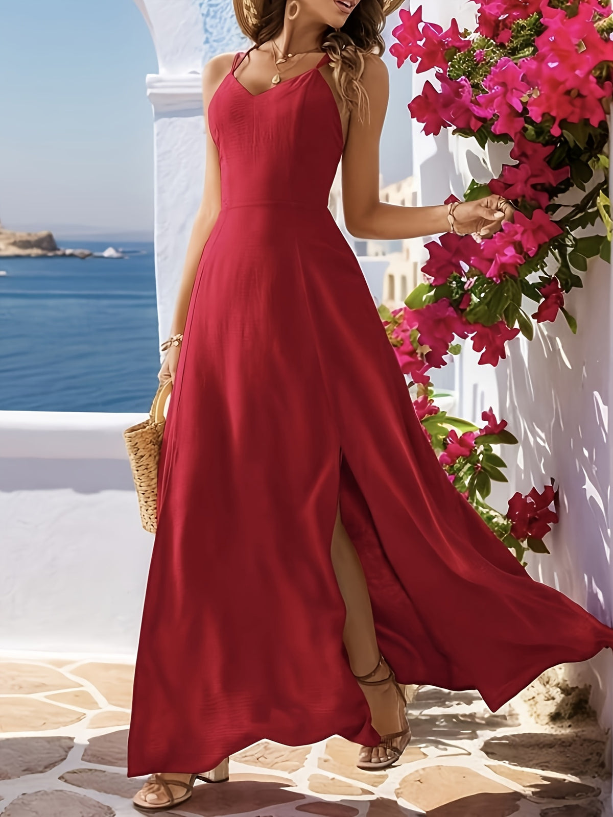 Ilaria | Draped V-Neck Cocktail Dress with High Slit for Women