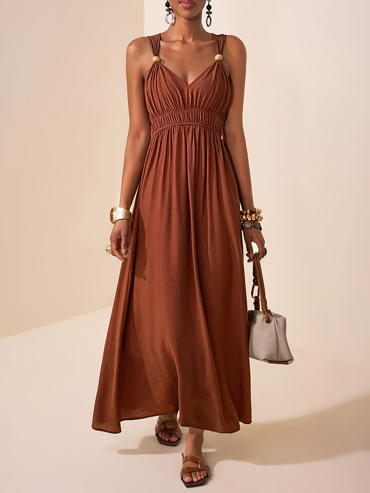 Thalia | Ruched V-Neck Maxi Dress with Bead Straps for Women