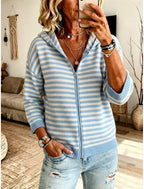Flora | Striped Ribbed Hooded Zip Cardigan for Women