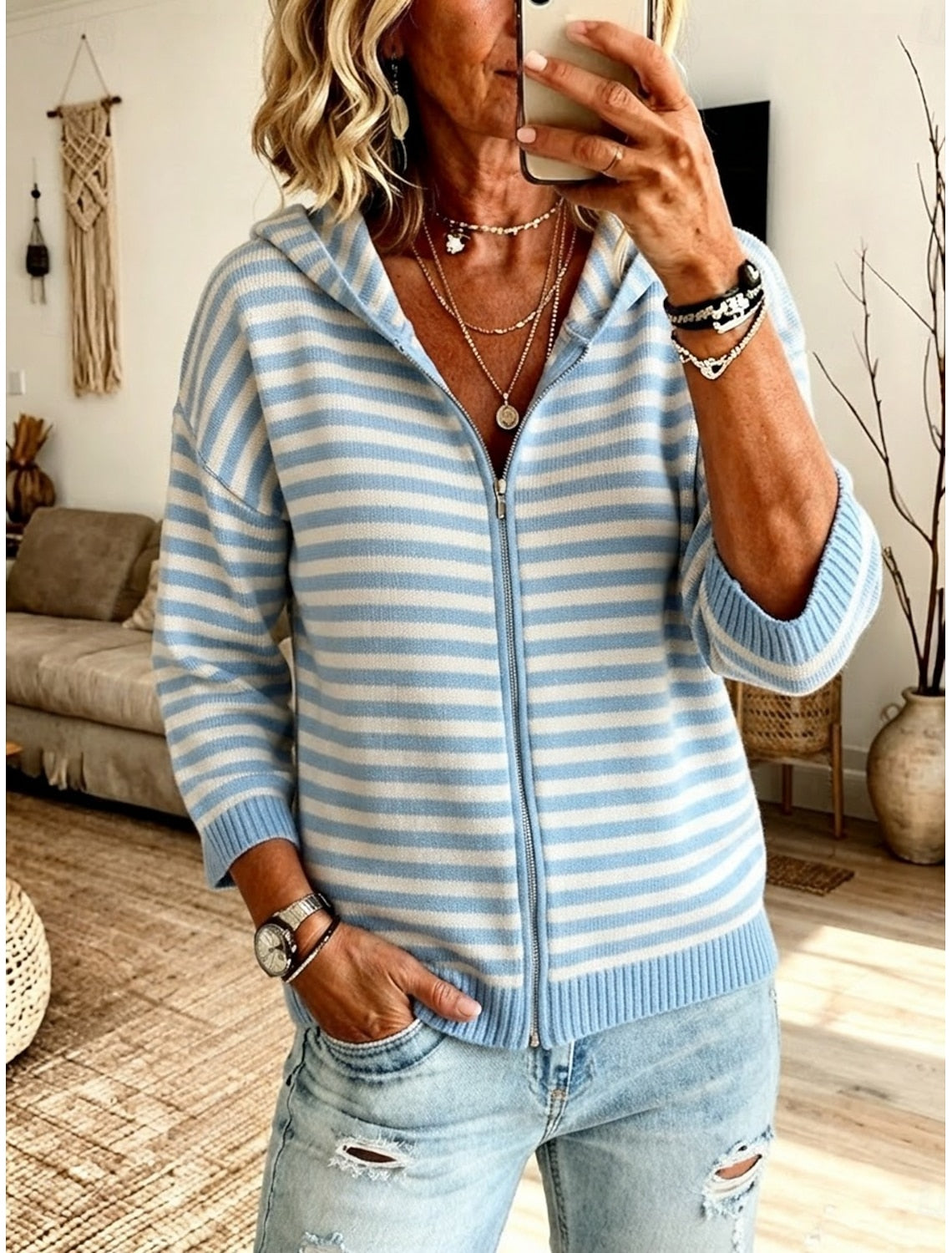 Flora | Striped Ribbed Hooded Zip Cardigan for Women