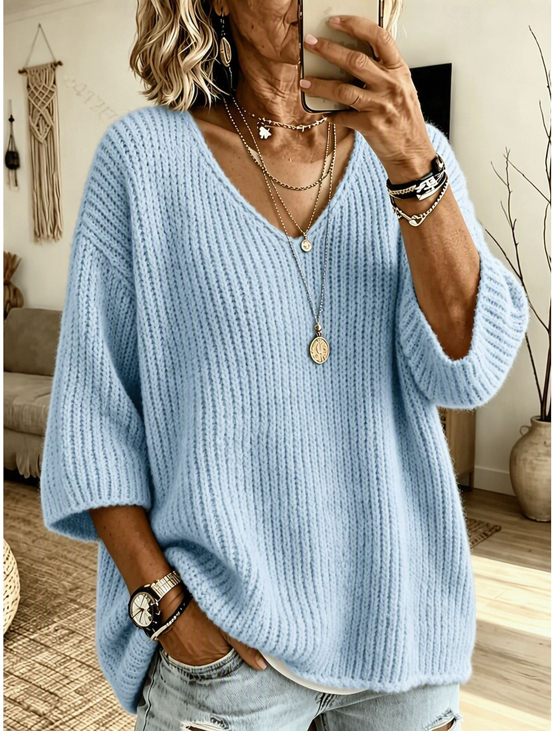 Eleanor | Ribbed V-Neck Drop Shoulder Sweater for Women