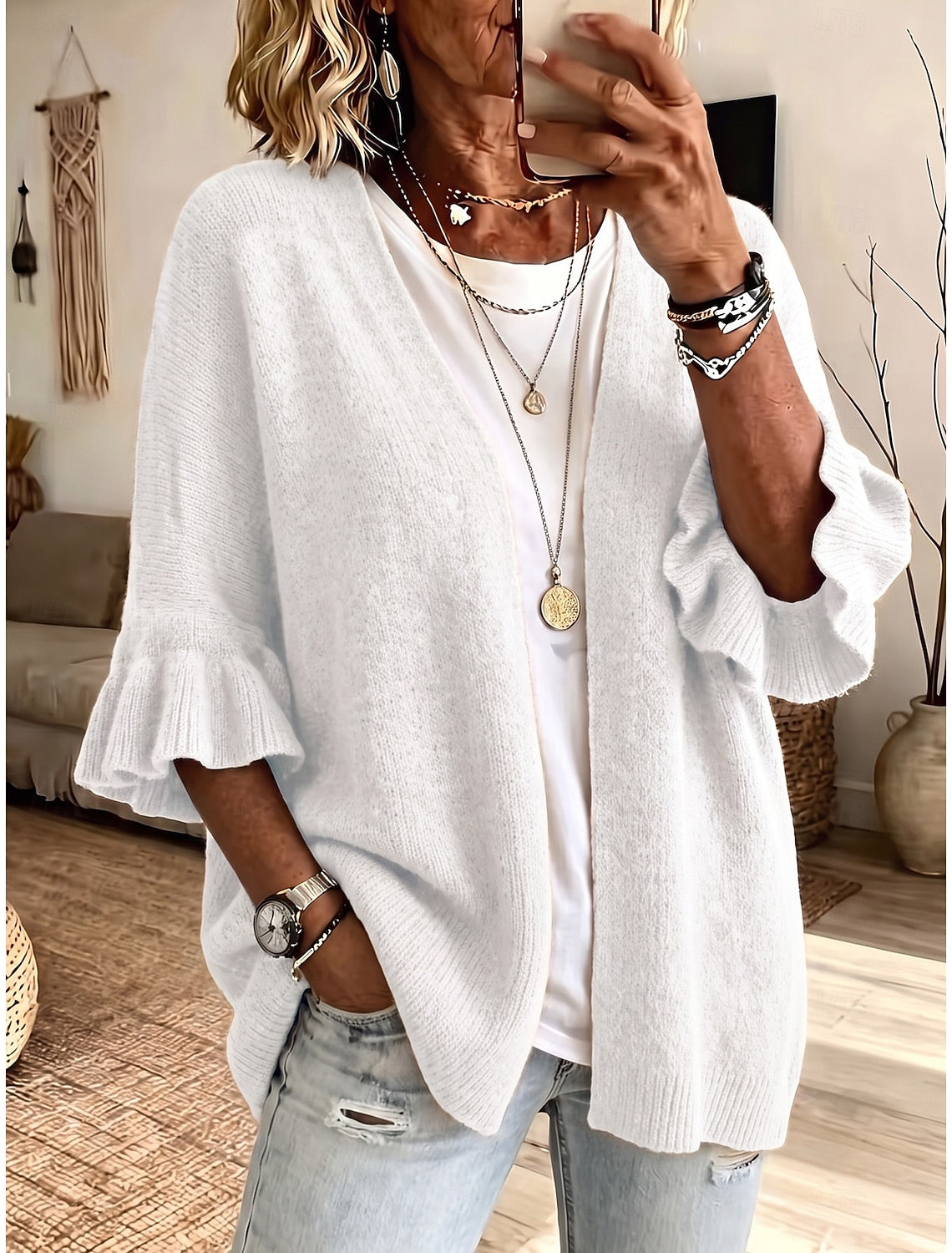 Franziska | Ribbed Open-Front Ruffle-Sleeve Cardigan for Women