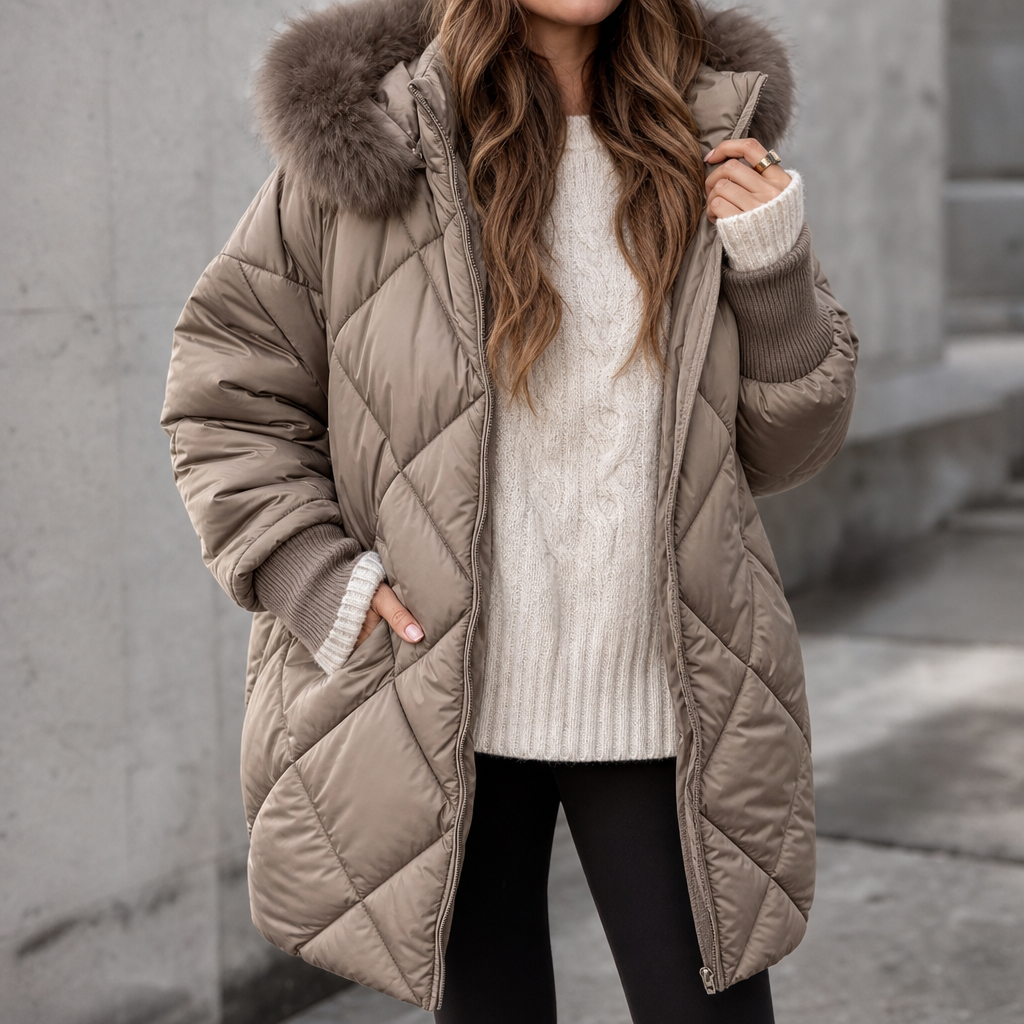 Andrea Oversized Quilted Puffer Parka with Fur Hood for Women