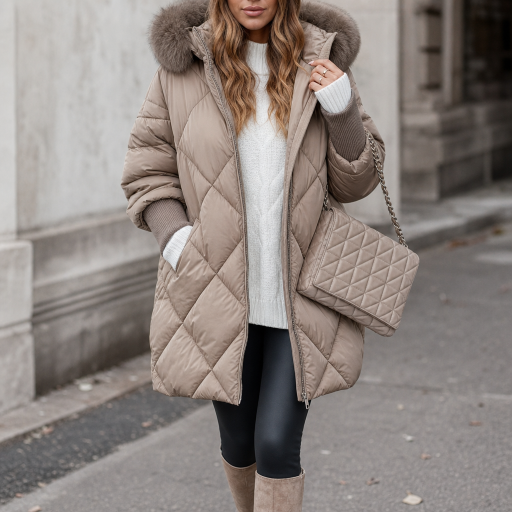 Andrea Oversized Quilted Puffer Parka with Fur Hood for Women