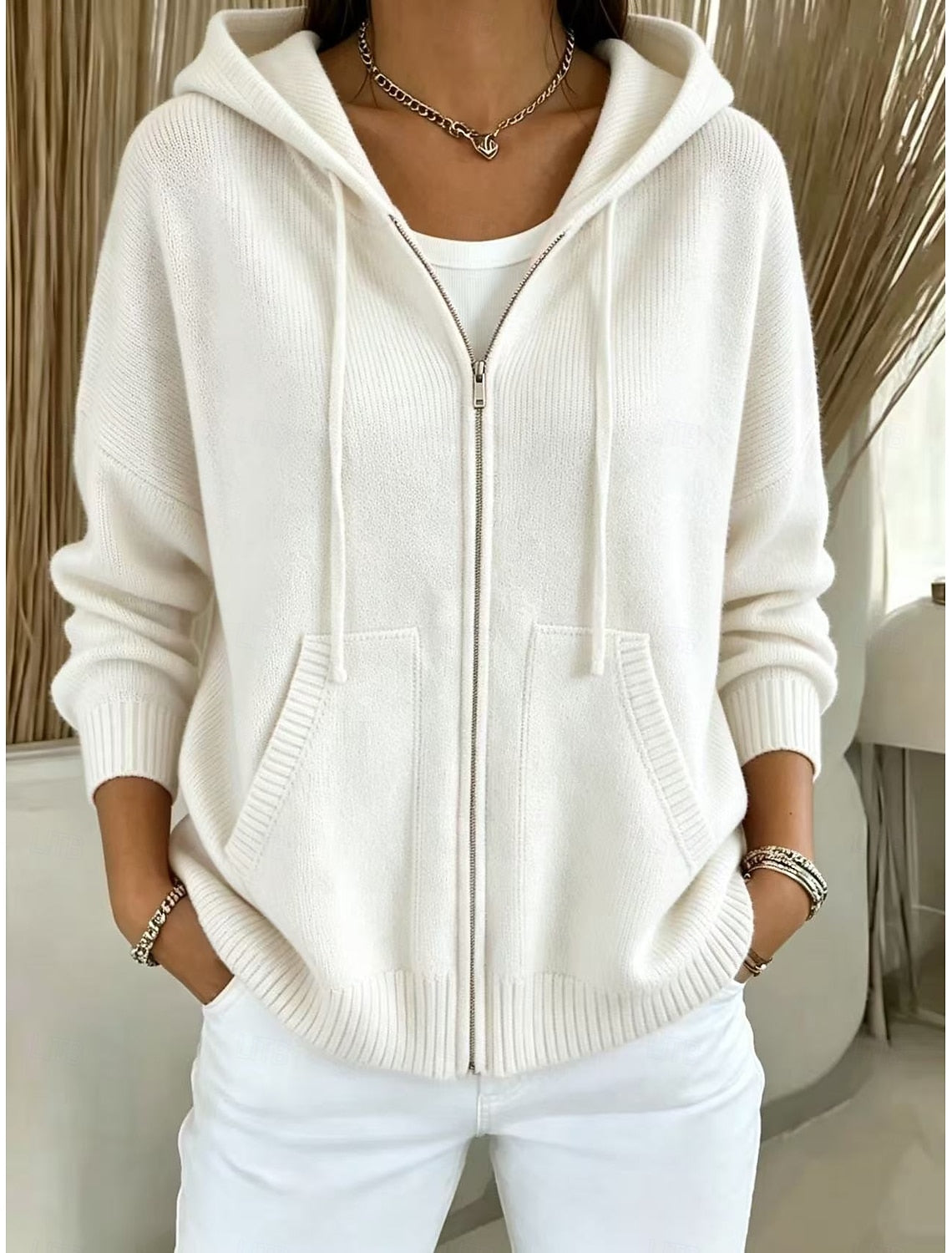 Elise | Ribbed Knit Zip-Front Hooded Cardigan for Women