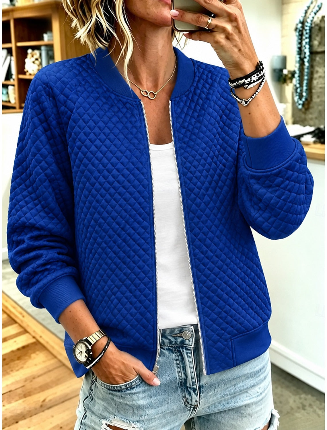 Eliane | Quilted Zip-Front Crew Neck Cardigan for Women